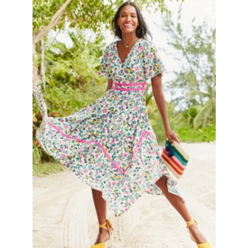 Boden Holly Hank Floral Surplice Midi Dress White Pink Blue Flutter Sleeve US 8R - Picture 3 of 8